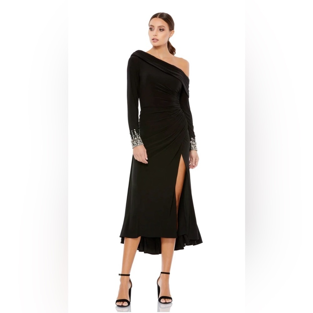 Mac Duggal NWT Black 1-Shoulder LS Rhinestone Sleeved on cuffs size 8 26… - Picture 2 of 13